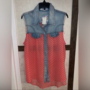 Denim & Pink Sheer Button Up Tank Top w/ Pearl Snaps Size Large by Cupid’s Diary